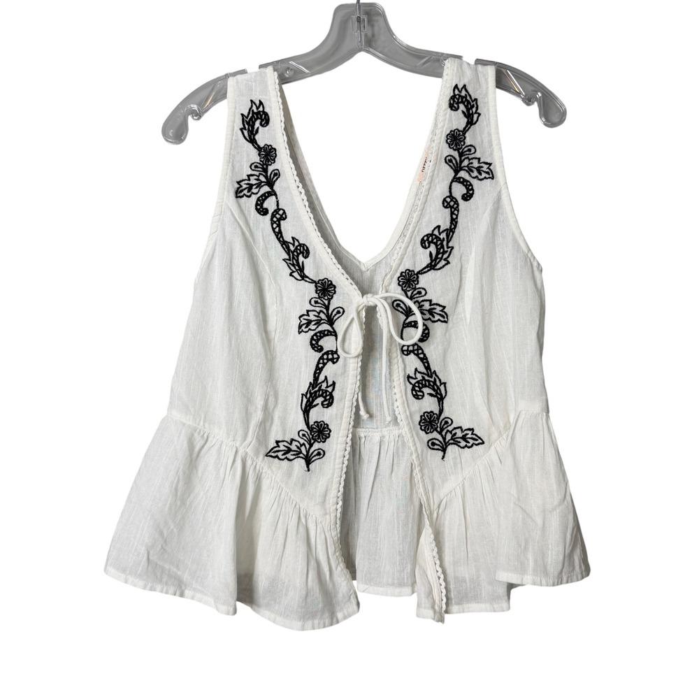 Dizzy Lizzy Embroidered Top Womens Large White Black Tie Front Peplum Gauze